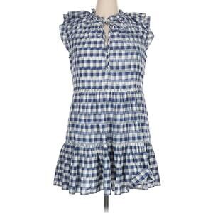 Veronica Beard Gingham Dress Blue White Ruffle Sleeveless Tiered Cotton Mini Lg
